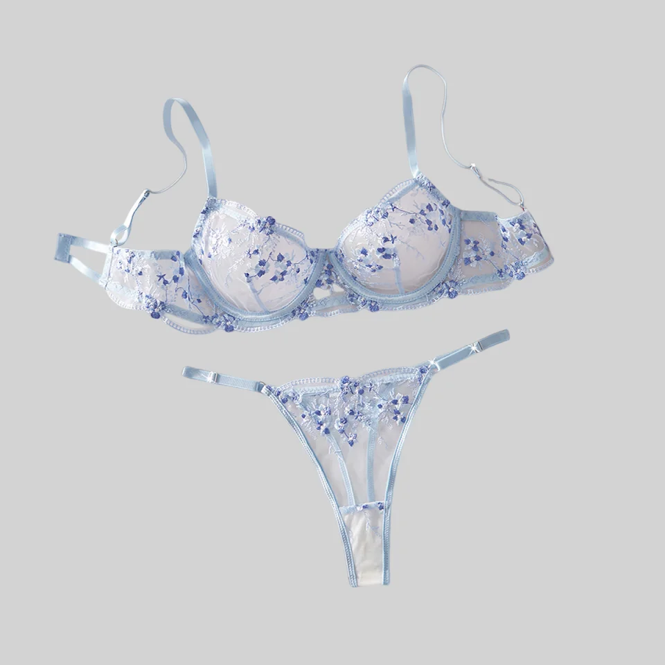 

Ellolace Romantic Women's Lingerie Sets Seductive Floral Bra Hilitos 2PC Set Innocent See Through Intimate Youth Girl Underwear