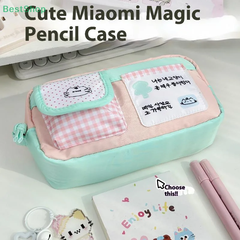 Japanese Style Large Capacity Cute Cartoon Cat Plaid Pencil Case Multi-layer Multi Functional Storage Bag Stationery Bag