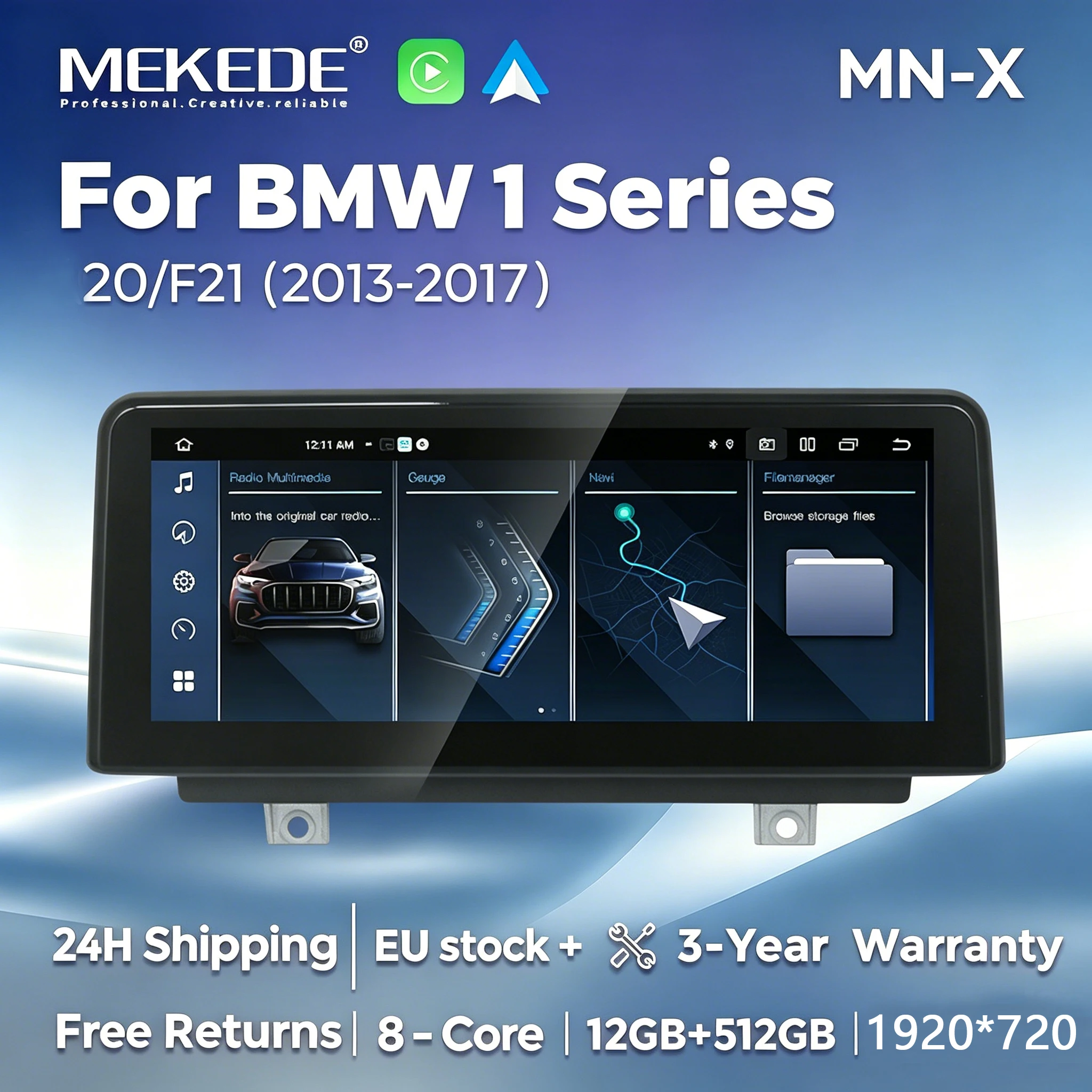 Autoradio Android 14 MEKEDE EU Stock UI ID5 ID6 ID7 ID8 8 cœurs 6B+128 Go pour BMW Série 1 2 F20 F21 F22 F23 2013-2017 avec Carplay sans fil, navigation GPS, lecteur multimédia DSP, systèmes intelligents, 4G+Wifi, autoradio stéréo, écran 1920*720, unité centrale