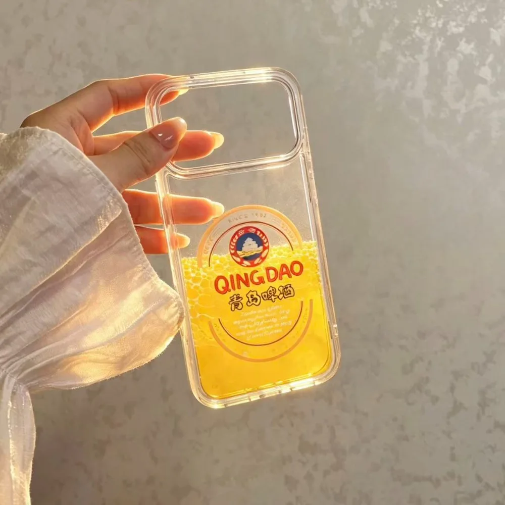 Funny Qingdao Beer Liquid Quicksand Phone Case For iPhone 17 16 15 14 13 12 11 Pro Max Plus 16E 17E Clear Shockproof Soft Cover view 2