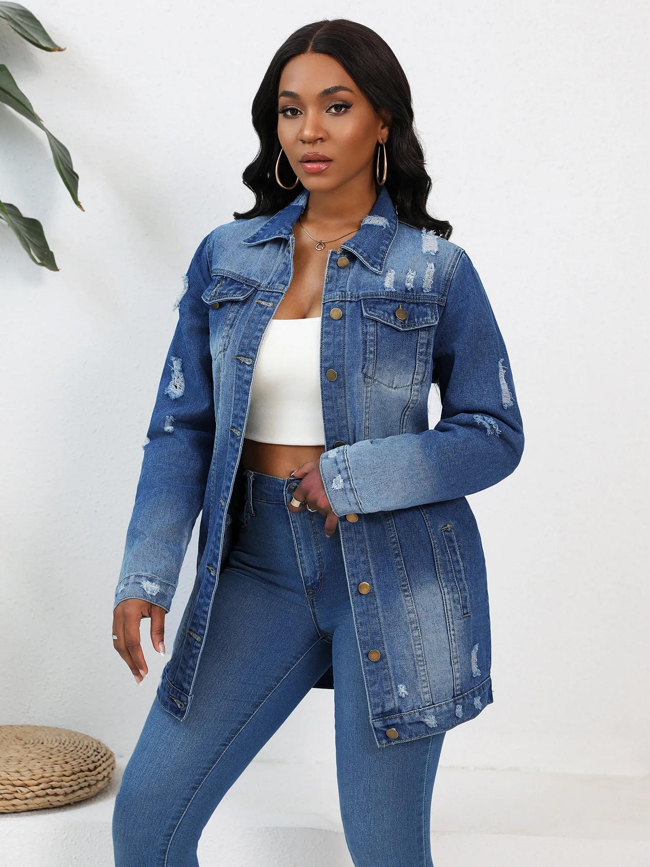 Women's Casual Mid-Length Ripped Denim Jacket Autumn 2026 Denim Trench Coat New Style