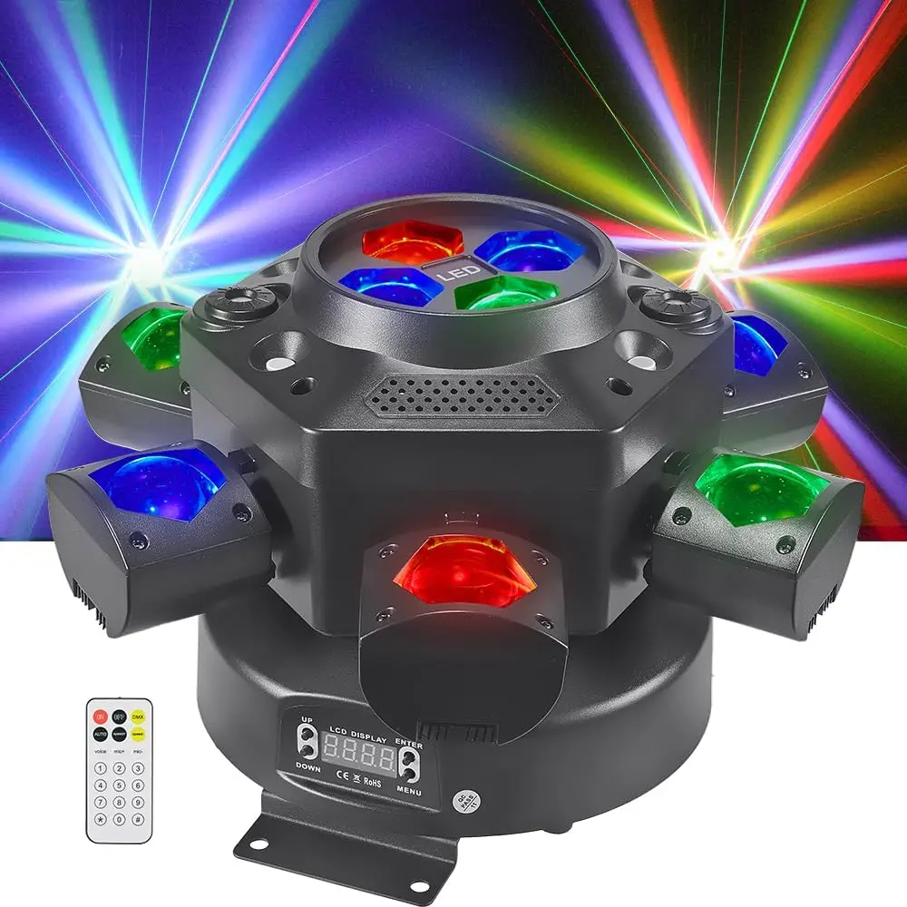 6-Arm Bee Eye DJ LED DMX Strobe Disco Stage Light 150W RGBW Laser Party Light Remote  Moving Head for Wedding Theme Park