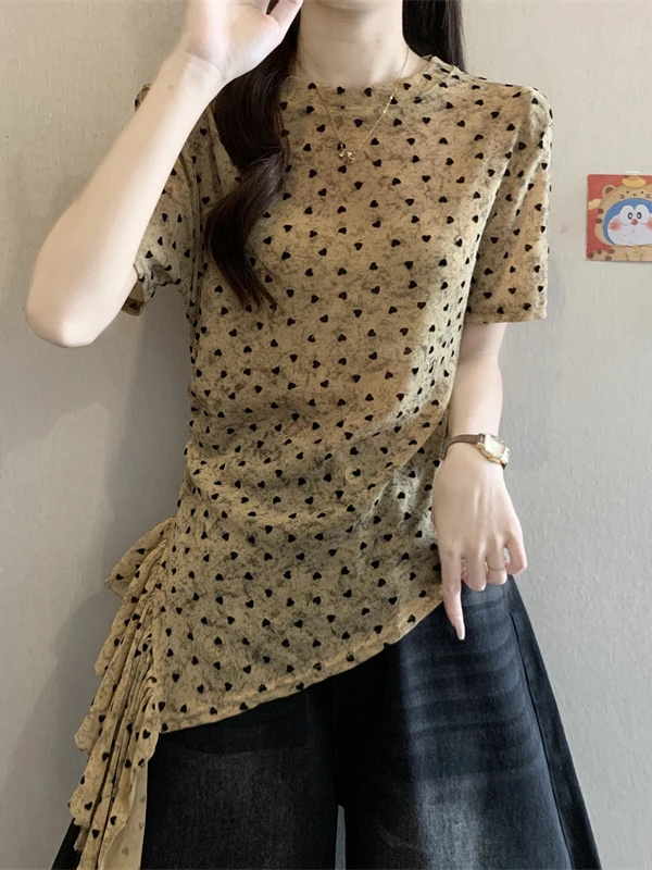 

Korean Style Polka Dot Short Sleeve Women's Summer Slim Fit Waist Cinched Asymmetrical Design Sense Commute Style Blouse