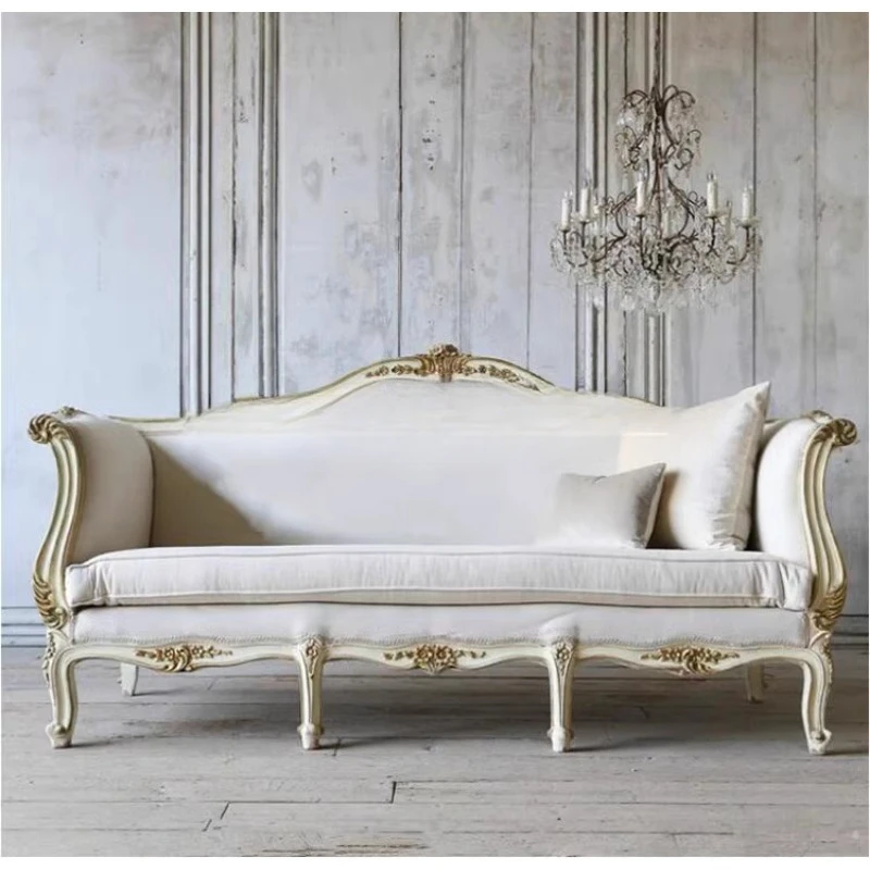 American French full solid wood carving flower retro studio photography single double three people gold painting sofa villa bed