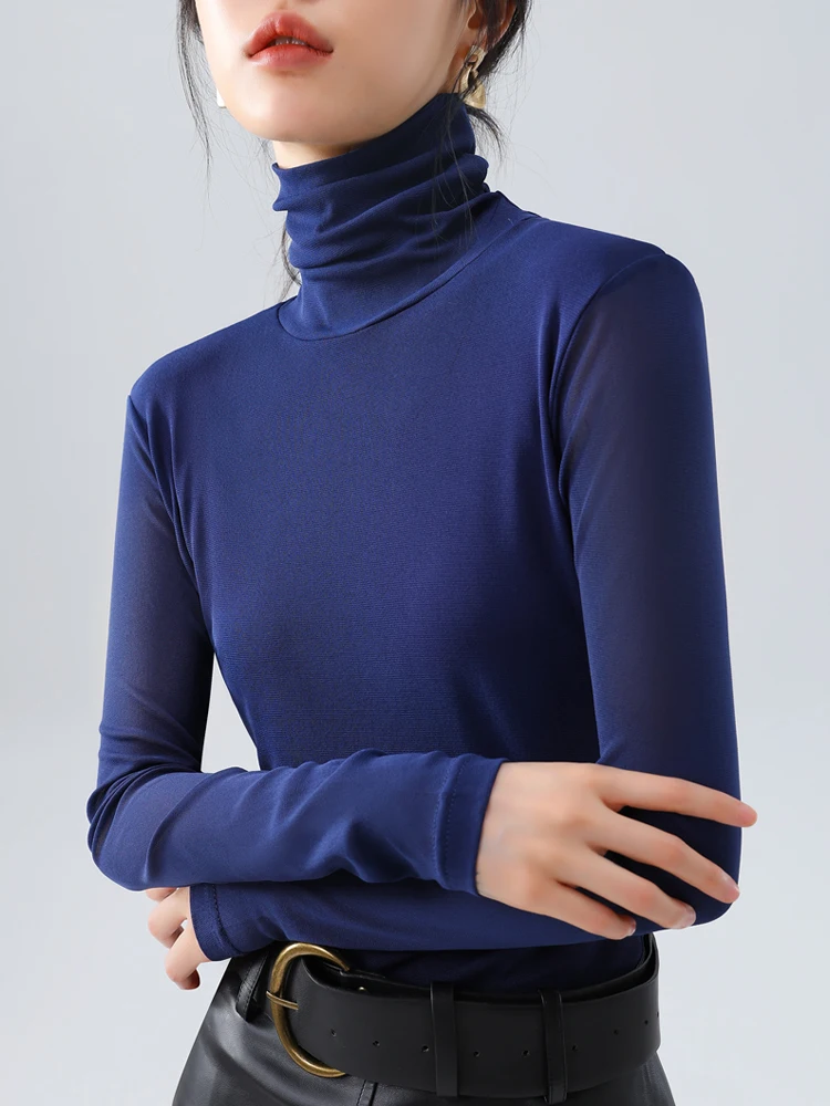 

2025 New High Neck Mesh Base Shirt Women Office Basic Simple Stretchy Waist Slimming Warm Fleece Lined Tops
