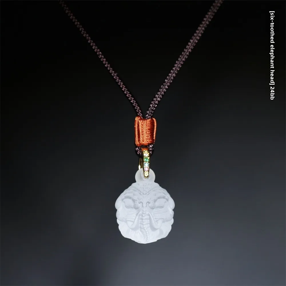 Unique Chinese Style Lucky Blessing Frosted Liuli Six Tusk Elephant Head Pendant Adjustable Braided Rope Necklace Unisex Wealth