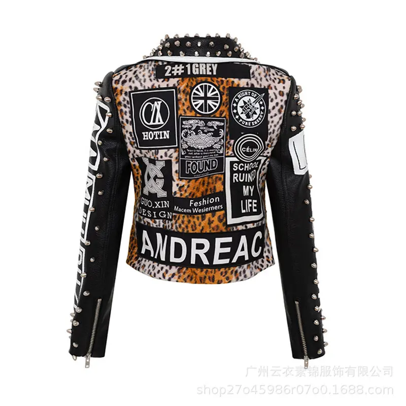 Autumn Fashion Rivet Leather Motorcycle Jacket For Women Punk Style Leopard Letters Printing Rock Biker Streetwear