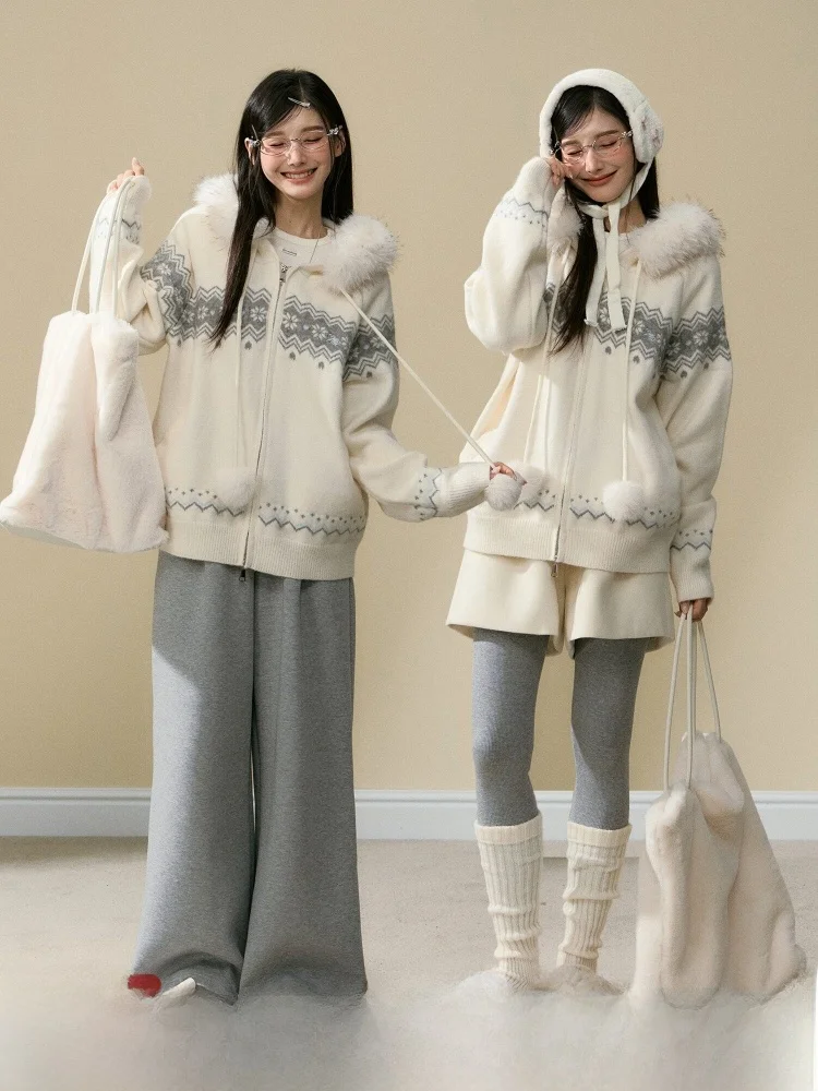 

ELEVEN SP Autumn Winter 2026 New Knitted Two-Piece Set Women's Korean Style Commute Hooded Fur Collar Open Cardigan Coat