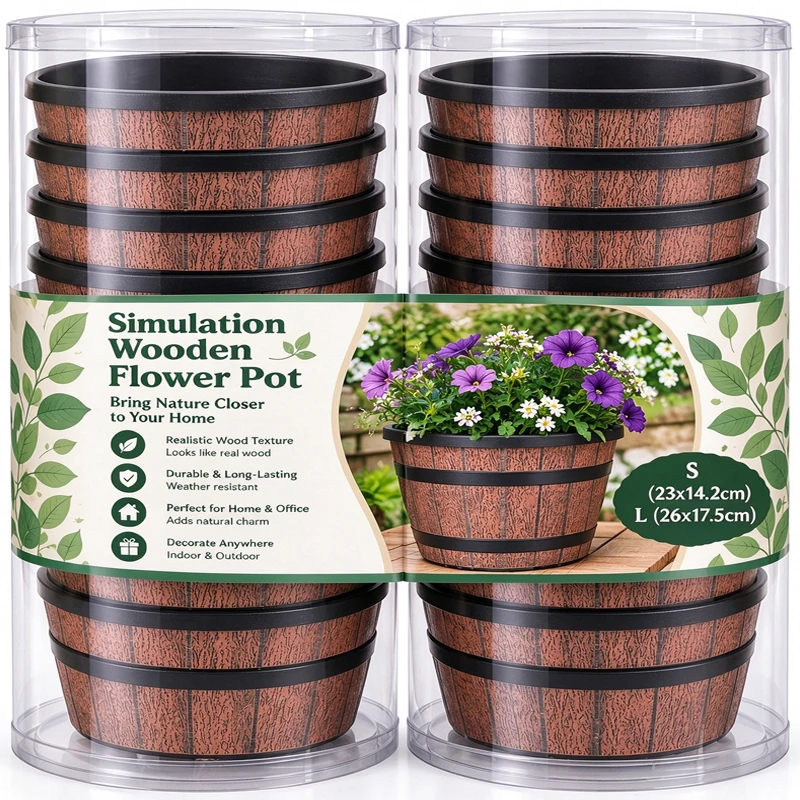 Imitation Wood Flower Pot Round Elegant Whiskey Barrel-Inspired Planters Outdoors Garden Pots Soil Planting Flowers Bonsai Pots