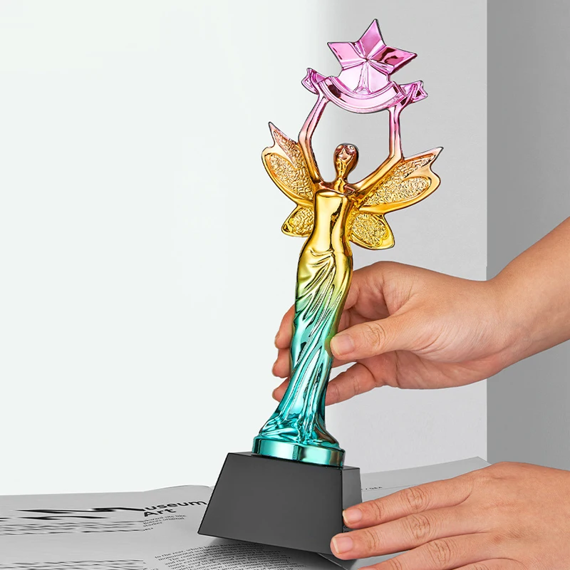 Customized Colorful Resin Trophy Outstanding Excellent Staff Annual Meeting Sports Honor Award Home Decoration Crystal Base, 1Pc