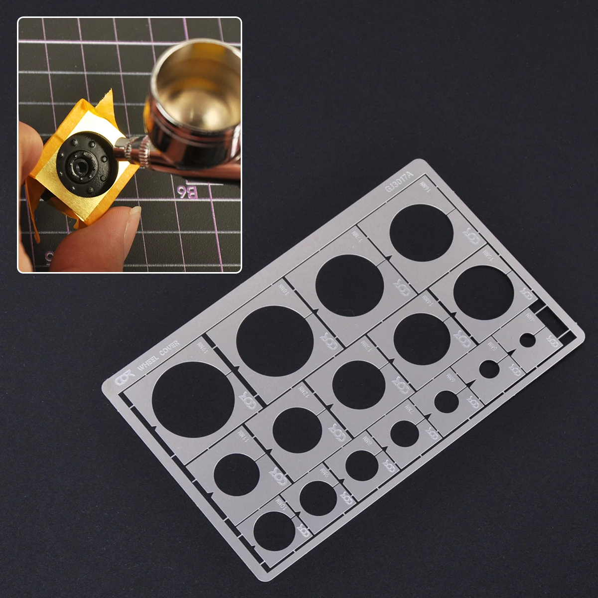 

Многоразовый аэрографический трафарет-маска для покраски масштабных моделей, шин, дисков, ведущих/приводных колес, дорожных колес.