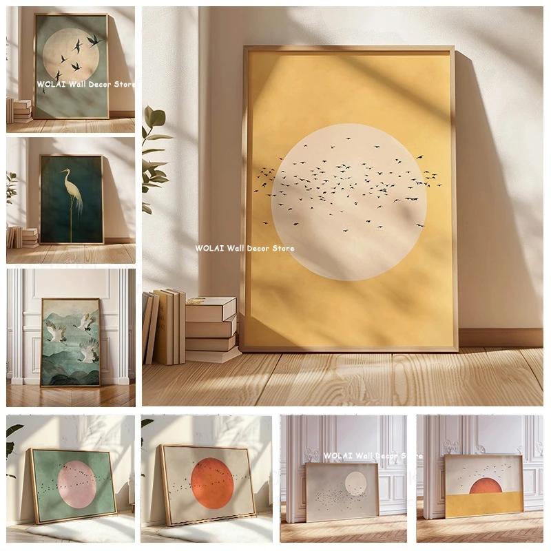 Japanischer abstrakter gelber Sonnenvogel-Leinwanddruck, weißer Kranich, Tier-Wandkunst-Poster für modernes Wohnzimmer, Schlafzimmer, Heimdekoration, Geschenk