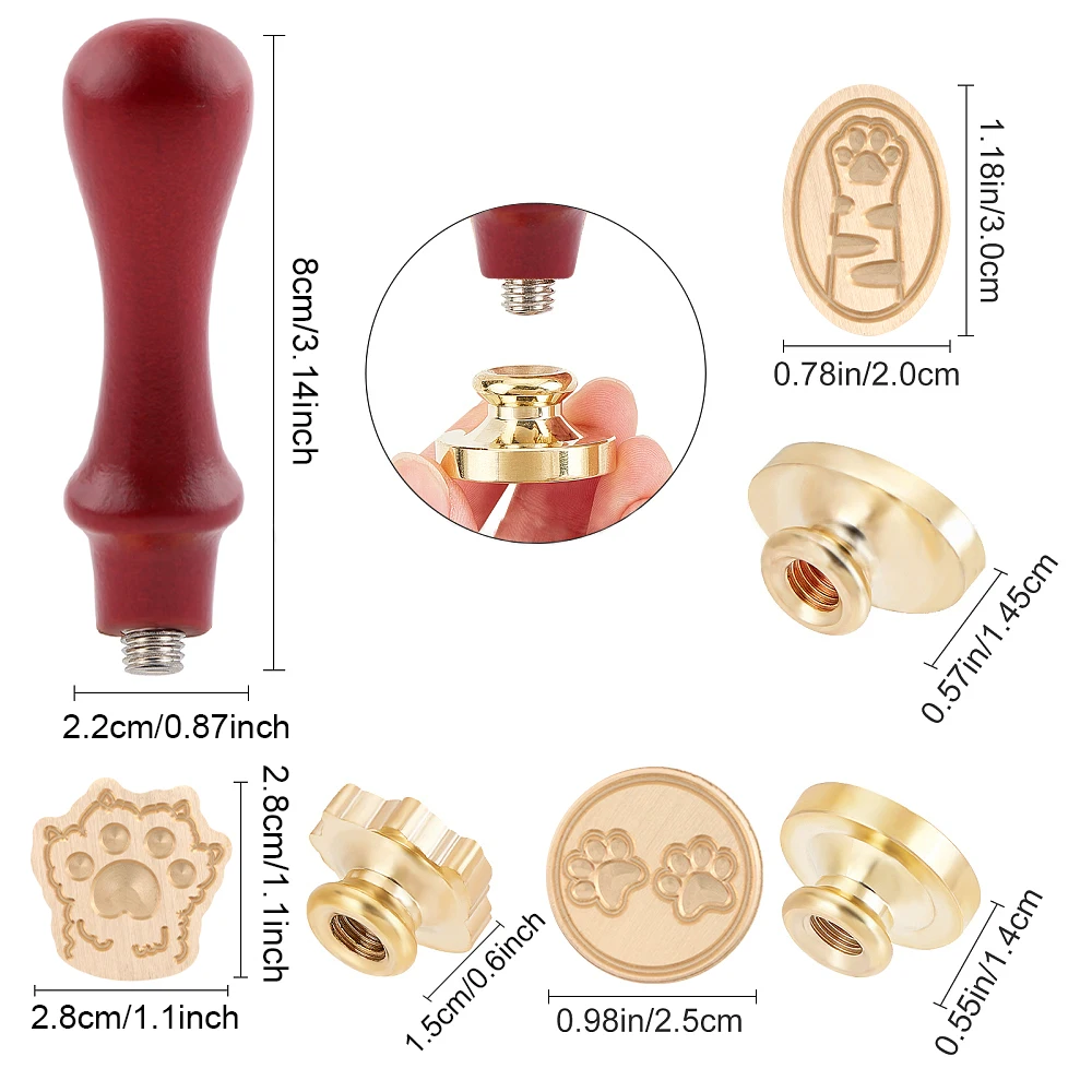 3pcs Different Cat Paw Wax Seal Stamp Heads with 1pc Wood Handle Kit for DIY Children's Day Holiday Inviation Scrapbooking Card