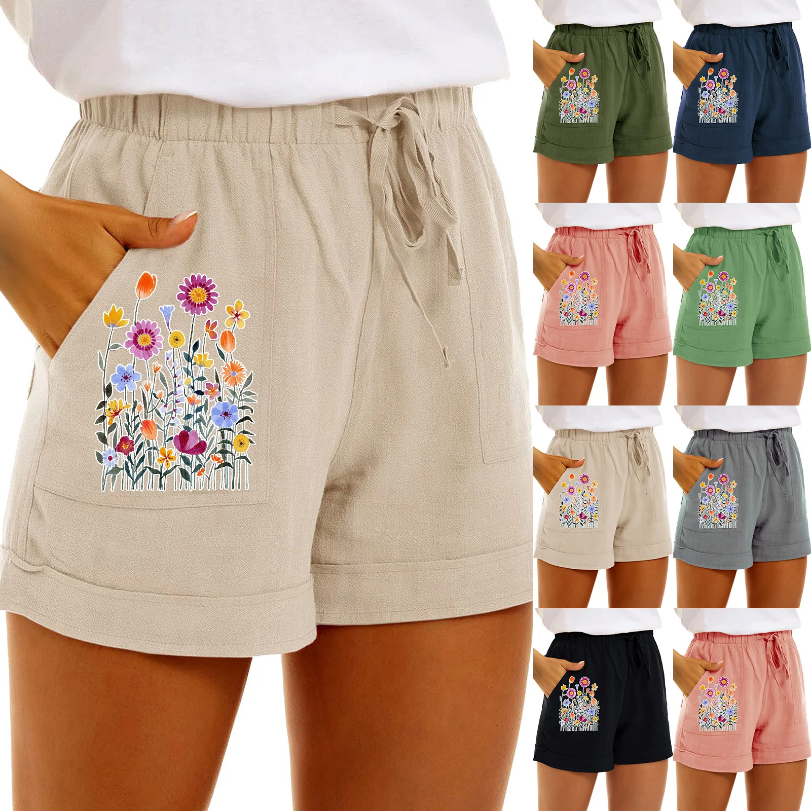 

Women Printing Casual Cotton Shorts Pocket High Waist Mini Hot Short Pants Mujer Spring Summer Straight Leg Loose Comfy Cortos