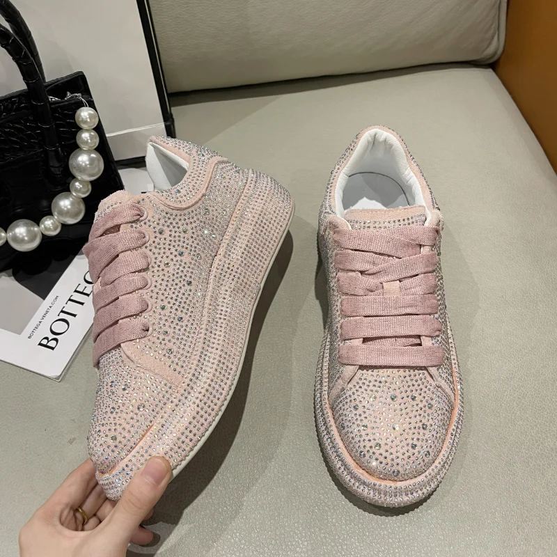 fashion Women Platform Casual Sneakers Rhinestones Thick-soled White Silver Shoes for Women Shining Crystal Sneakers Trend Shoes