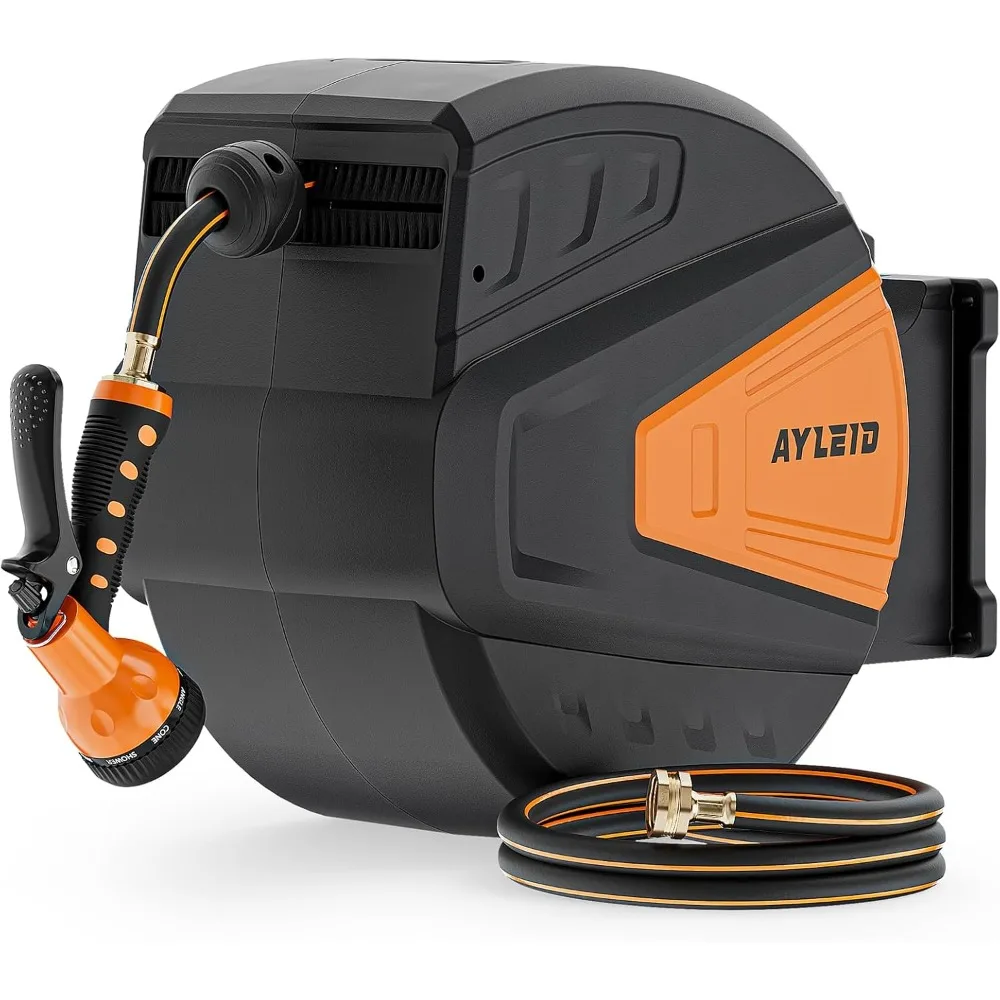 بكرة خرطوم حديقة قابلة للسحب مثبتة على الحائط 5/8 بوصة × 100 قدم مع 9 وظائف فوهة رش أي طول قفل نظام إرجاع بطيء