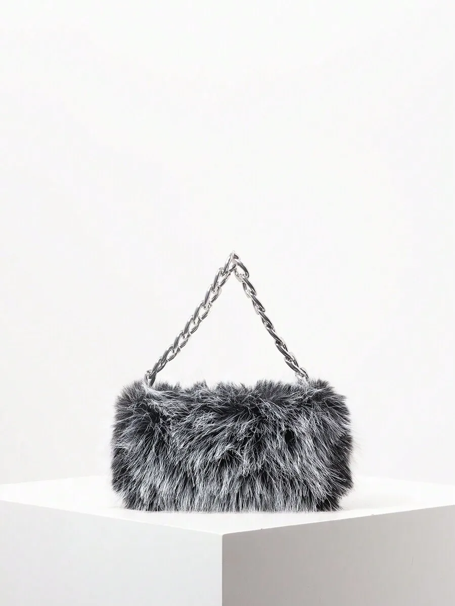 

Мини-сумка через плечо из искусственного меха с цепочкой, серо-черный микс, вечерний клатч