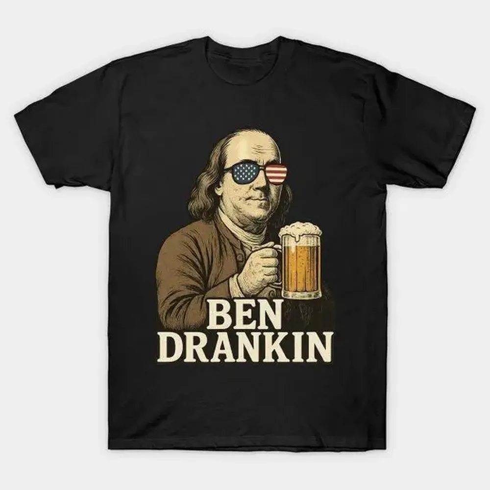 Men's Ben Drankin Patriotic Beer Graphic T-Shirt - Funny 4th of July Benjamin Franklin Short-Sleeve, Casual Round Neck Streetwear Top (Men's 4th of July Shirt), Funny 4Th Of July Shirts