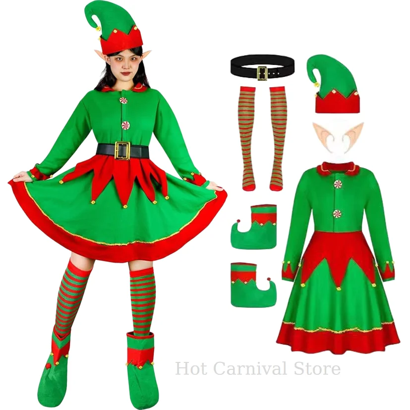 

Adults Christmas Lady Elf Costume Fit Hooded Velvet Dress Festival Party Family Matching Outfits New Year Cosplay Clothing Sets
