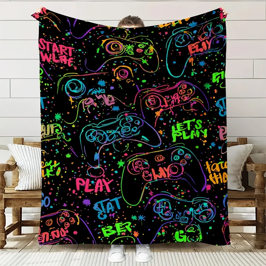 Neon Game Controller Graffiti Black Base Print Flannel Throw Blanket Soft Warm Cover For Sofa Bedroom Gamer Teen Decor Gift