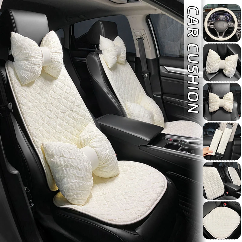 Luxury Car Cushion Seat Cover White Lace Bubble Women's Auto Luxury Interior Cover Bow Tie Headrest Waist Pillow Seat Belt Cover