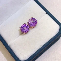 8mm VVS grade natural amethyst stud earrings for party 2ct brilliant round amethyst earrings simple 925 silver amethyst jewelry