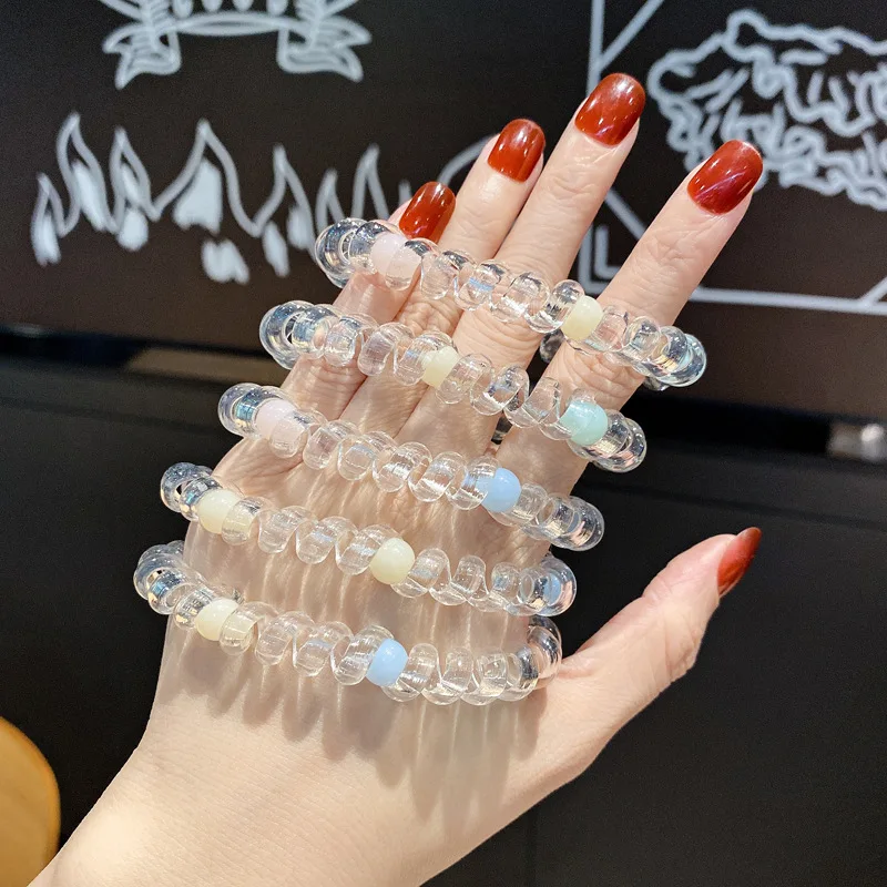 

Korean Version Transparent Beaded Telephone Wire Hair Tie Fresh Style Girl Hair Bracelet Dual-use Hair Rope Hair Accessory Hair