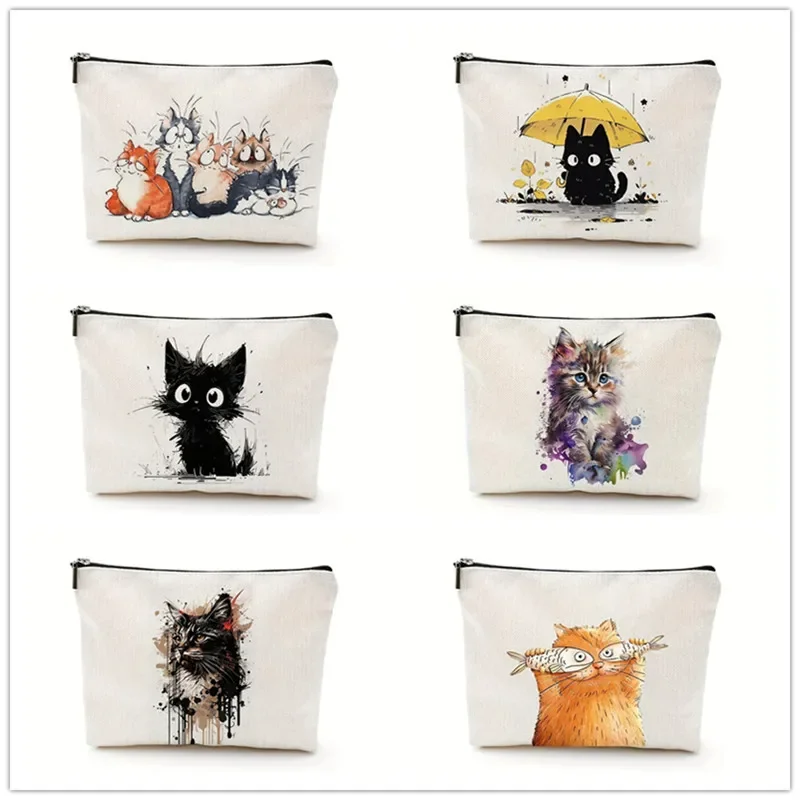 

Whimsical Cat Canvas Makeup Bag Portable Travel Cosmetic Bag With Zipper Lightweight Female Coin Pouch Women Fashion Girls Purse