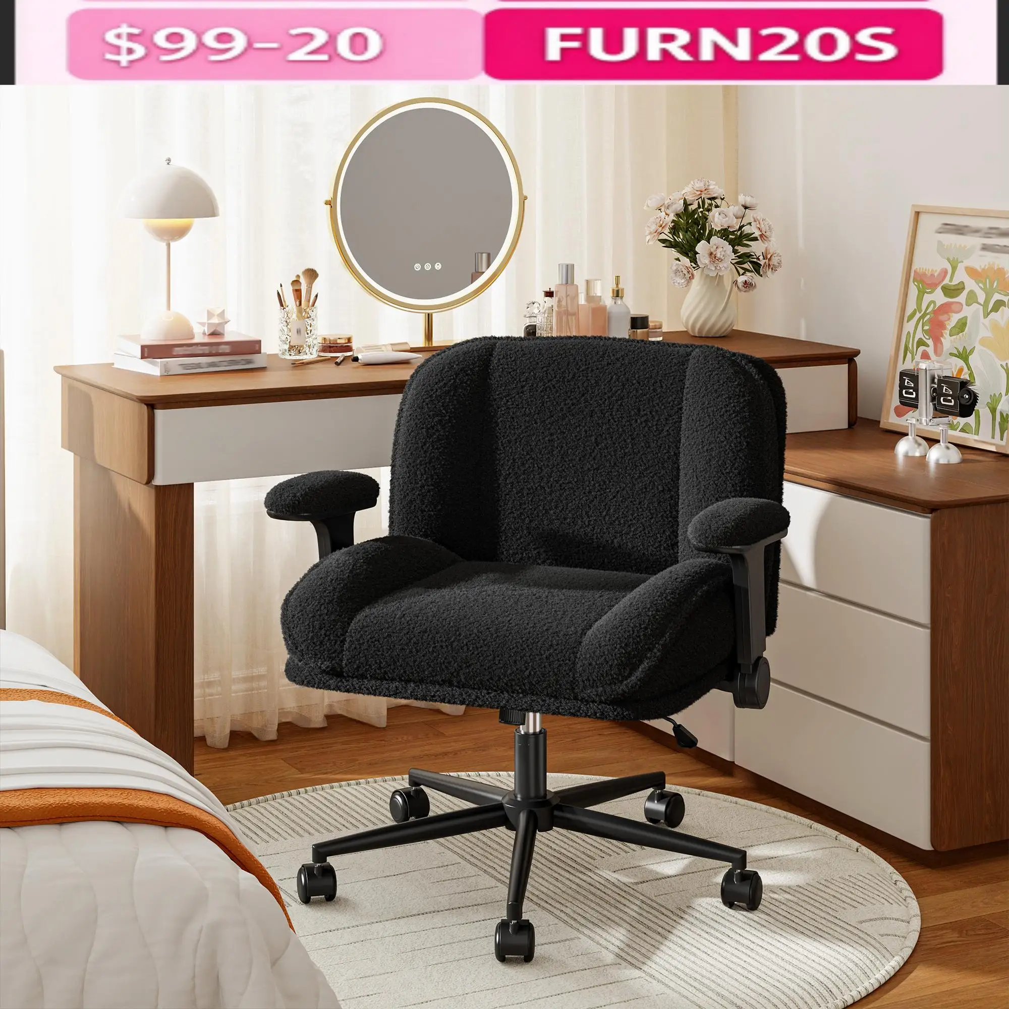 EnHomee Home Cross-legged Leisure Chair with Wheels, Plush Cross Base Make-up Vanity Chair, Height Adjustable Armrest Computer Chair, Stylish Living Room Chairs for Bedroom Dorm Home Office