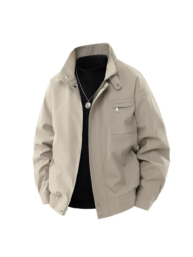 

Man Autumn Jacket Simple Solid Stand Collar Windproof Waterproof Men Coat Vintage Pocket Zipper Long Sleeve Male Outerwear