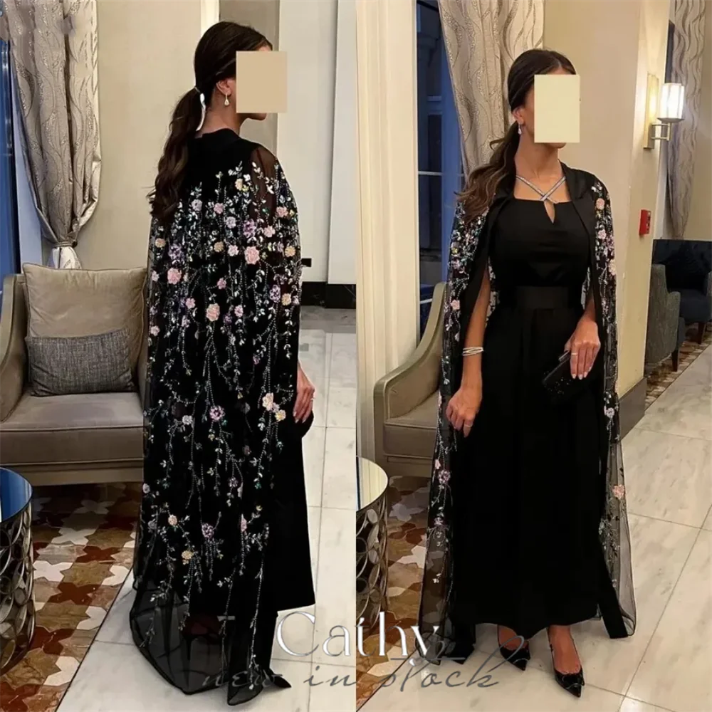 

Cathy Black Lace Appliques Prom Dresses A-line فساتين السهرة Elegant Detachable Shawl Halter Neck Home Party vestidos de fiesta