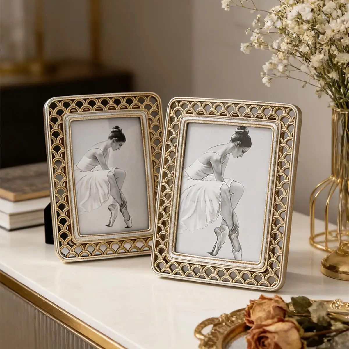 4/5 Inch Modern Minimalist Three-dimensional Pattern Decorative Frame, Resin Material Golden Home Desk Decorative Item
