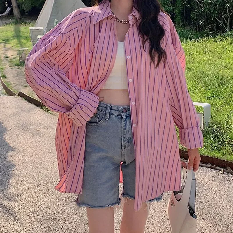 

Офисная женская одежда на пуговицах с принтом в полоску, женская одежда с отложным воротником и длинным рукавом, повседневные модные свободные милые блузки, новинка XQ187