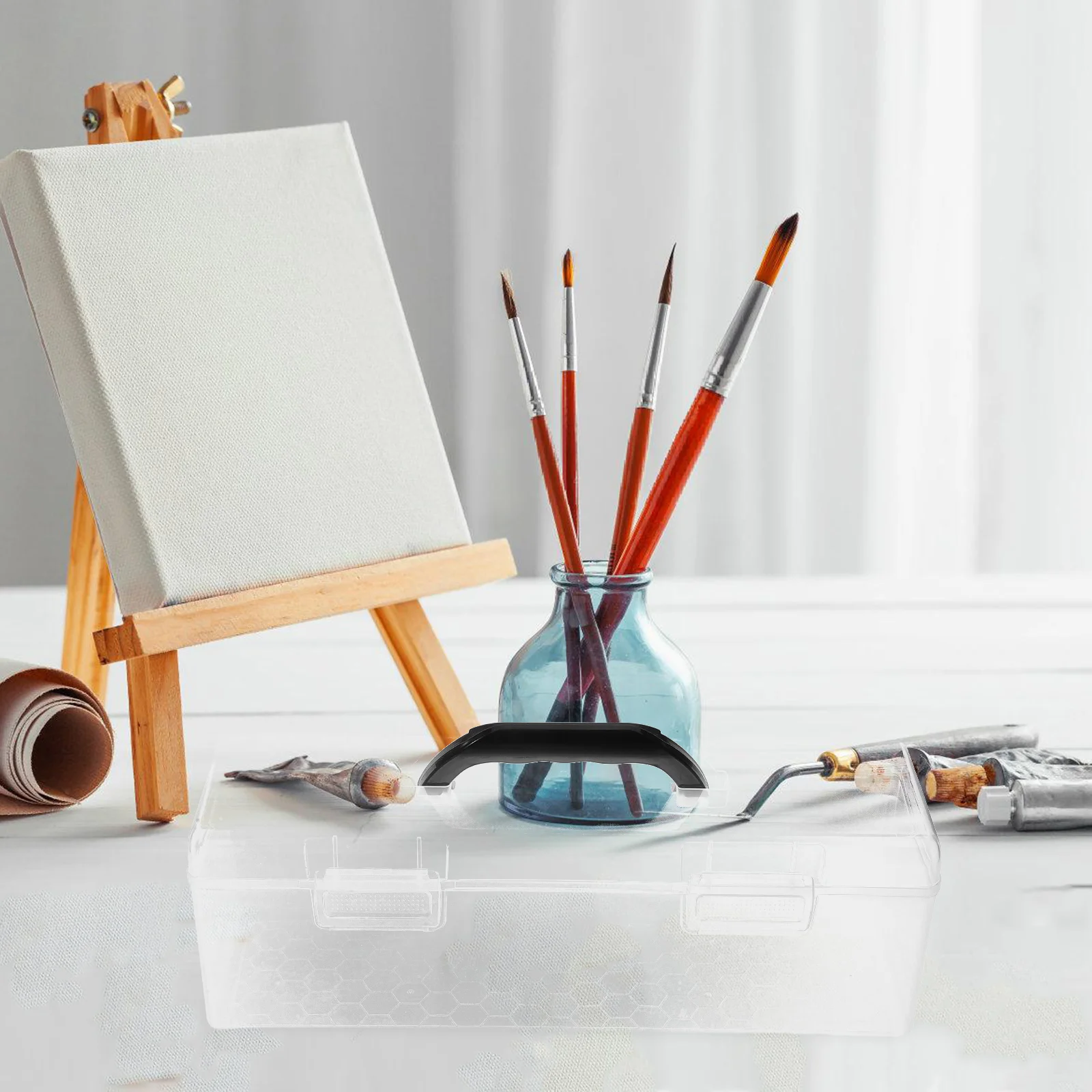 

Clear Plastic Art Tool Box Rectangular Transparent Organizer with Handle for Paint Brushes and Supplies Easy to Clean