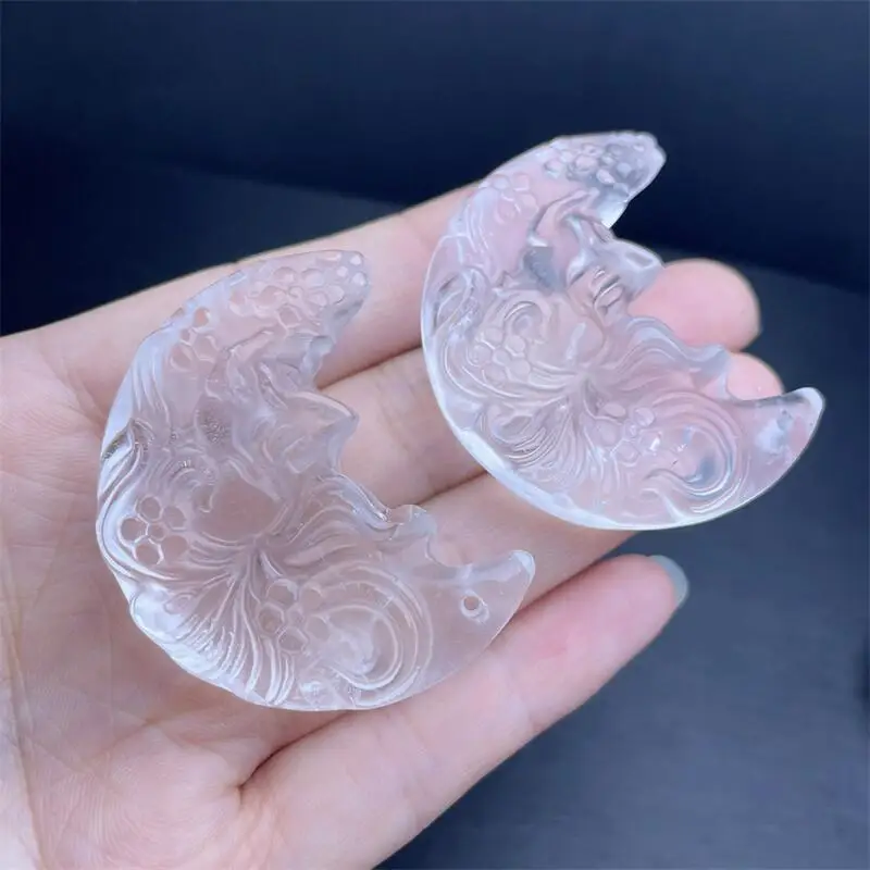 2PCS Natural Clear Quartz Moon Fox Fairy Pendant Healing Gemstone Carved Figurine Fashion Jewelry For Women Gift 44MM