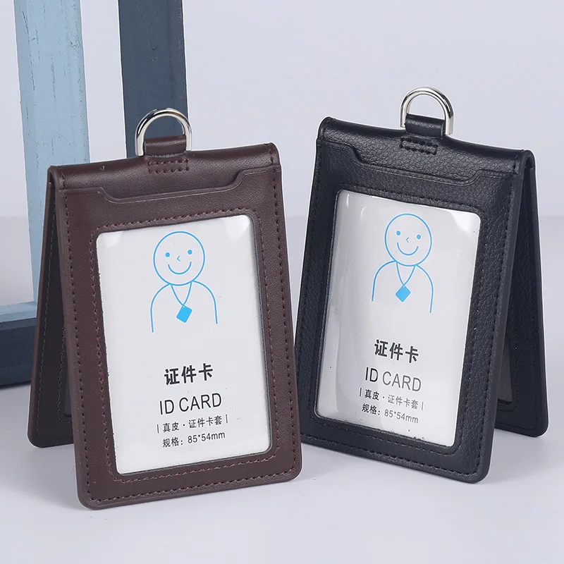 새로운 소가죽 이중 카드 슬리브 신분증 홀더 배지 케이스 투명 은행 신용카드 클립 배지 홀더 액세서리