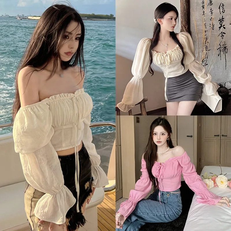 Spring Autumn Solid Color Slim Sexy Expose Navel Square Neck Women\'s Blouse Lace Up Sweet Bubble Long Sleeved Shirt Short Top