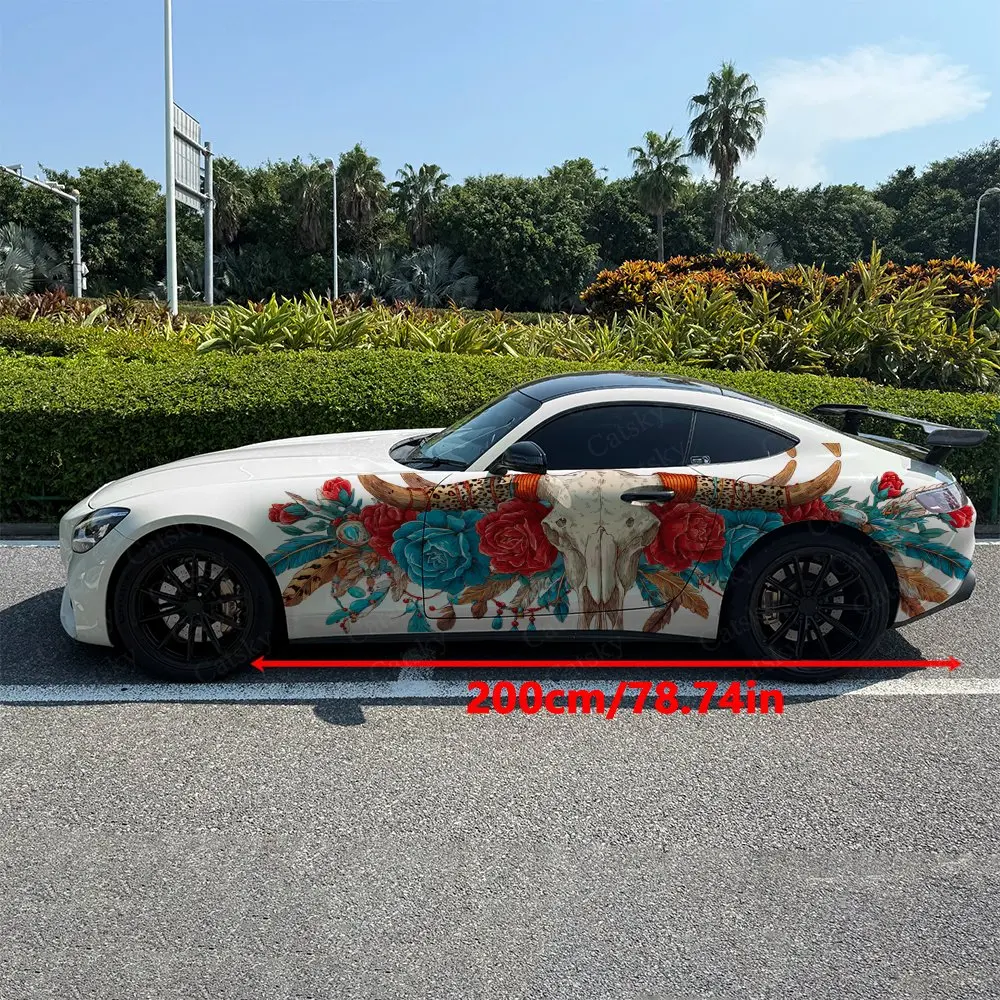 2pcs Turquoise Feather Rose Deer Bone Car Side Wraps, Self-Adhesive PVC Waterproof & Scratch-Resistant Stickers, Car Accessory