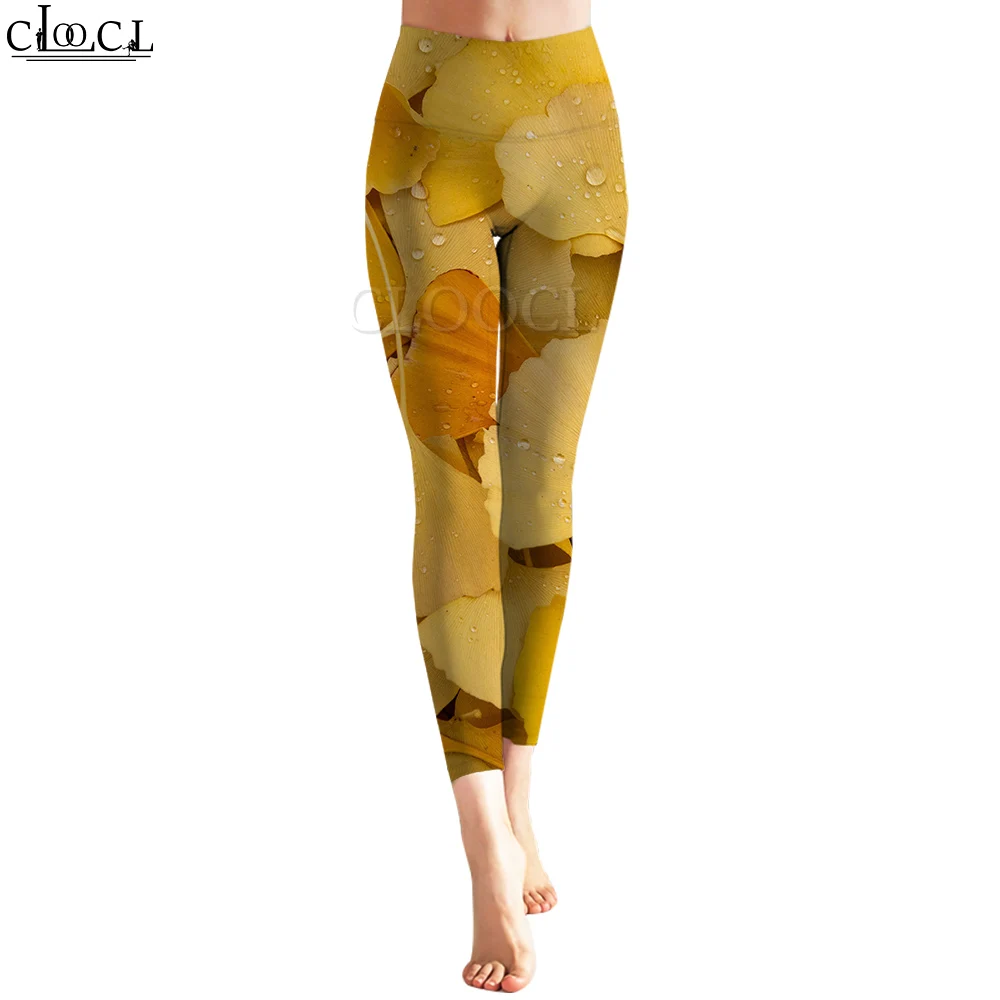 CLOOCL – pantalon de Yoga pour femmes, Leggings d'automne jaune, feuille de Ginkgo graphique 3D imprimé, pantalon décontracté, Jogging, taille haute, extensible