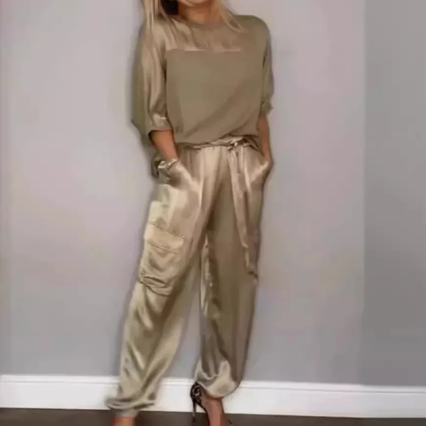 Women's Sets 2 Pcs Sale Casual O-Neck Half Sleeve Solid Satin Ribbon Pullover Shirt Tops&Pocket Harem Full Pant Suits