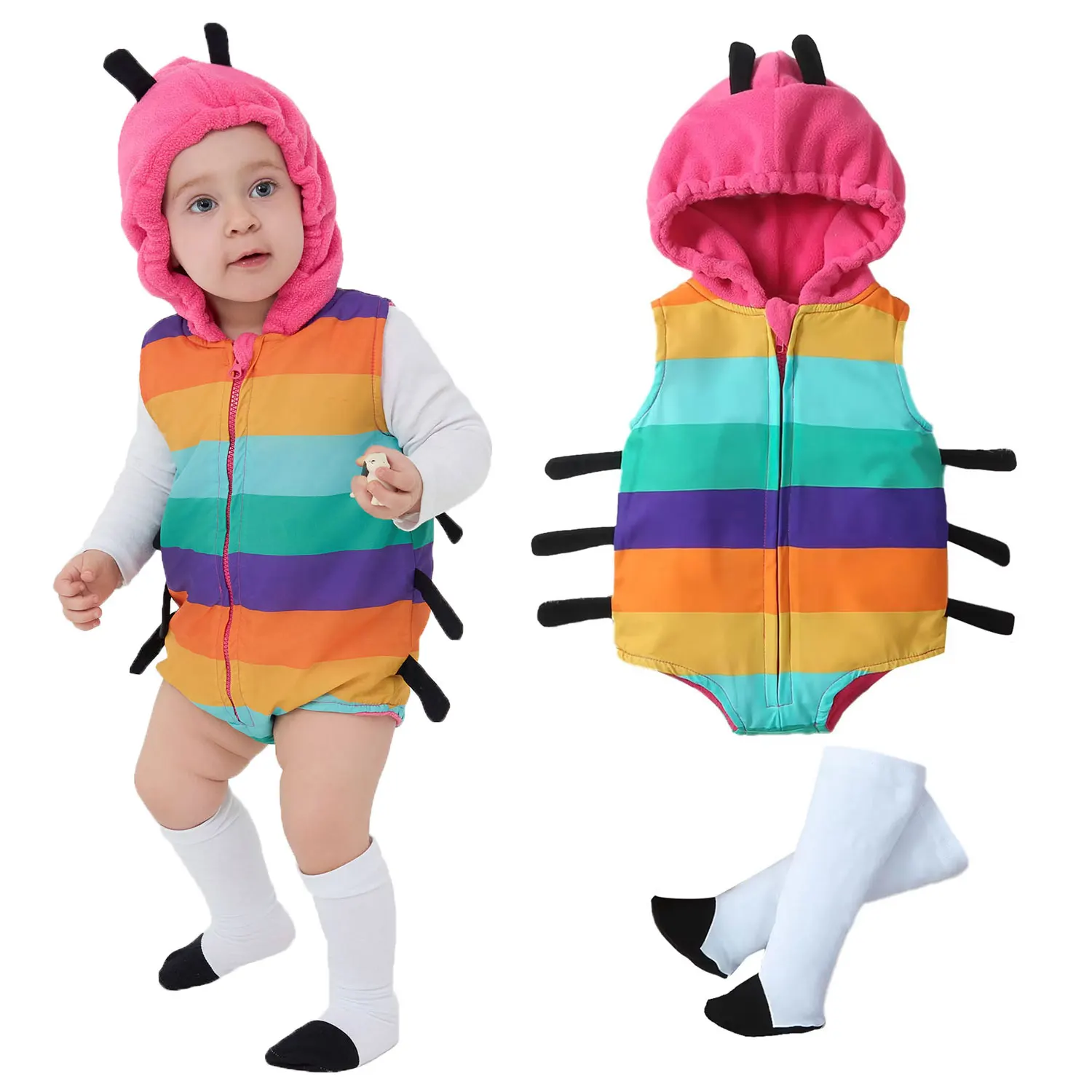 

Umorden Halloween Caterpillar Costume for Baby Infant Girls 0-6M 6-12M 18M Hoodie Sleeveless Romper With Stockings