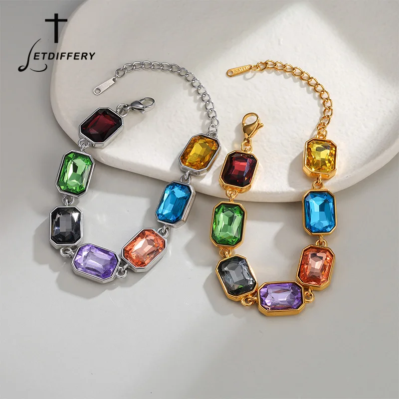 Letdiffery Luxury Colorful Rectangular Crystal Bracelet for Women Stainless Steel Rainbow Color Chain Bracelet Jewelry Gifts