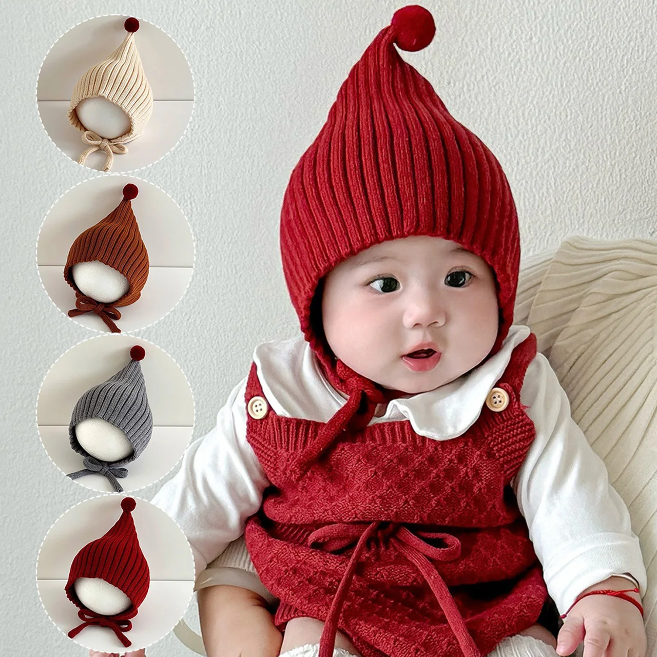 

Winter Baby Knit Hat Cute Solid Color Infant Lacing Beanie Cap Kids Warm Woolen Ear Protection Pullover Hats