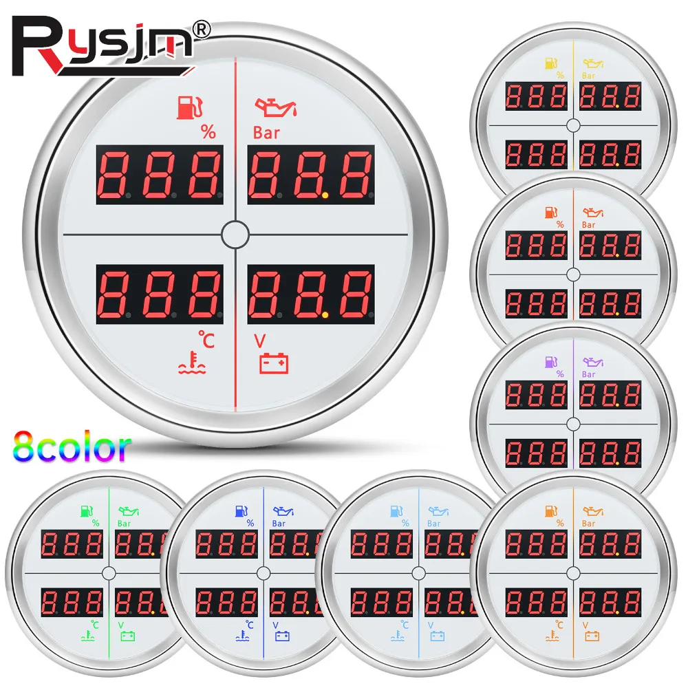 N Digital 52mm 85mm Car 4 in 1 Multifunction Gauge Fuel Level Oil Pressure Water Temp Meter Voltmeter with 8 colors Backlight
