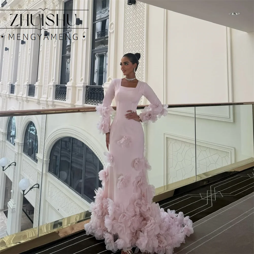 ZHUISHU Luxury 3D Flowers Long Sleeve Mermaid Evening Dress Women Square Collar Customized Formal Party Gowns Vestido De Festa