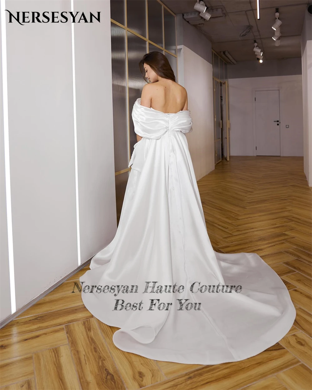 Nersesyan-vestido de novia plisado con hombros descubiertos, traje elegante con abertura lateral alta, Espalda descubierta, volantes