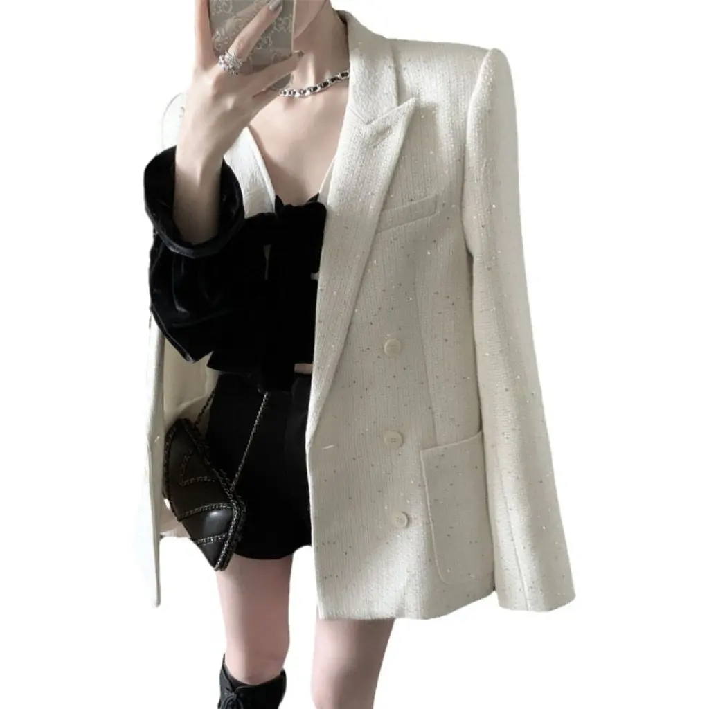 

plus Size Women's Black And White Sequined Woolen Suit Jacket Street Fashion Internet Celebrity Style for Autumn Winter