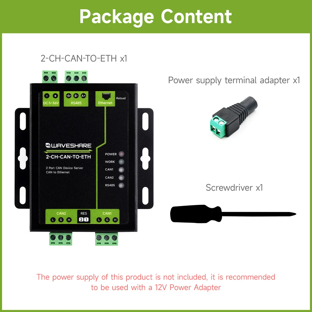Waveshare Industrial 2-Channel CAN to Ethernet Server, Dual CAN + RS485 + Ethernet, Supports CAN Repeater & CAN to RS485