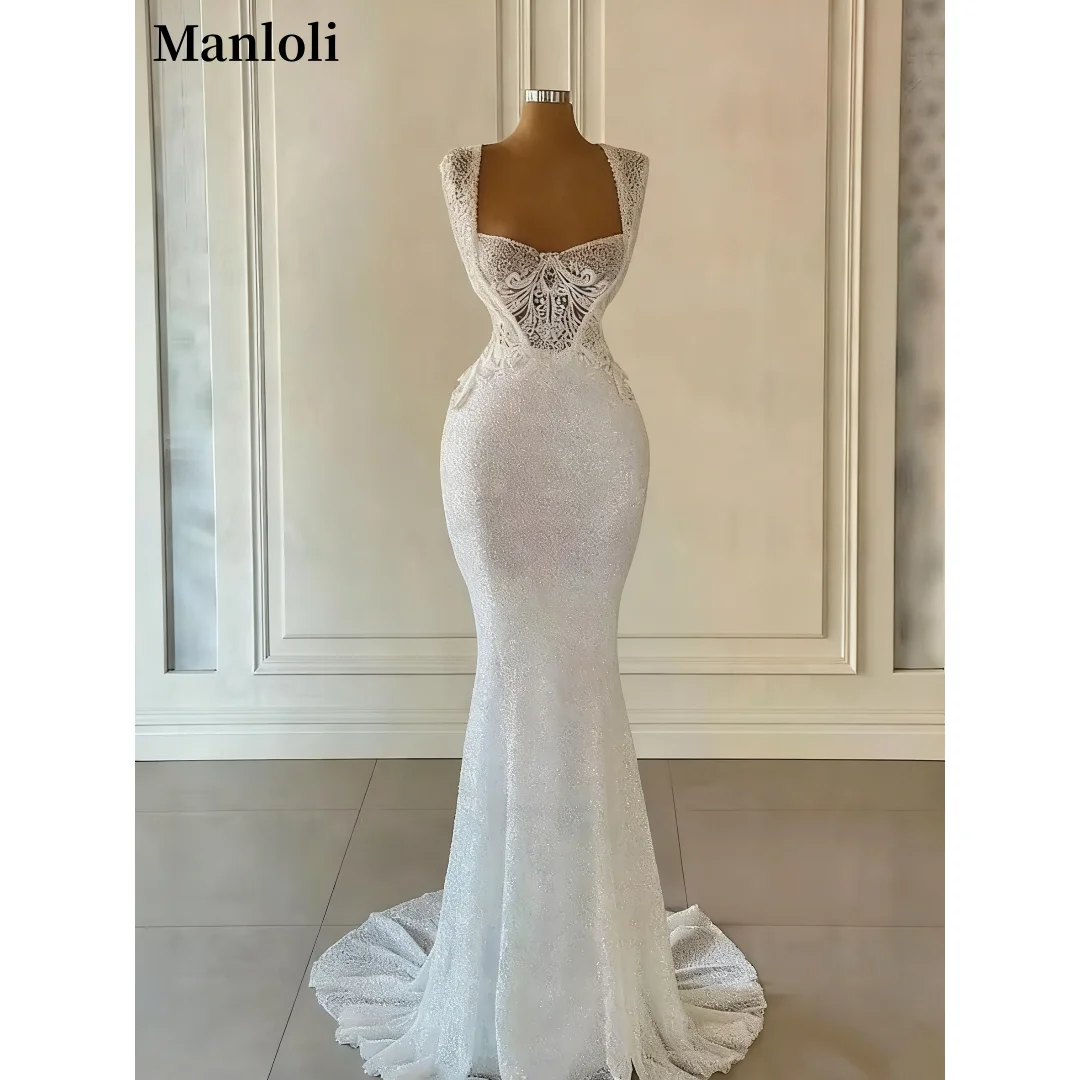Robe de mariée sirène élégante en dentelle perlée, col carré, robe de mariée arabe pour femmes, robe de mariée scintillante de célébrité, personnalisée