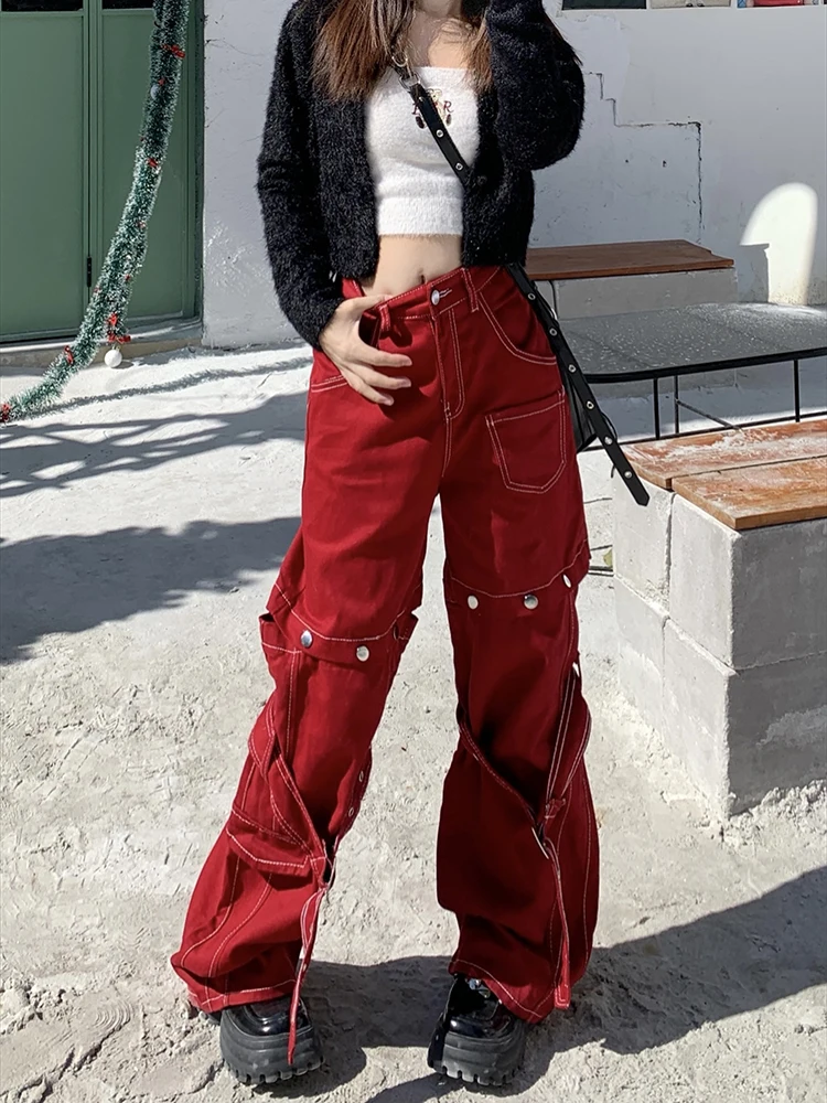 

90s Hip Hop American Women Red Fashion Overalls Two-In-One Detachable Loose Jeans Y2K Wide Leg Pants Korean Retro Street Wear